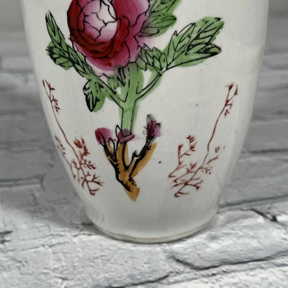 Vintage Floral Bird Hand Painted Chinese Porcelain Vase 8”